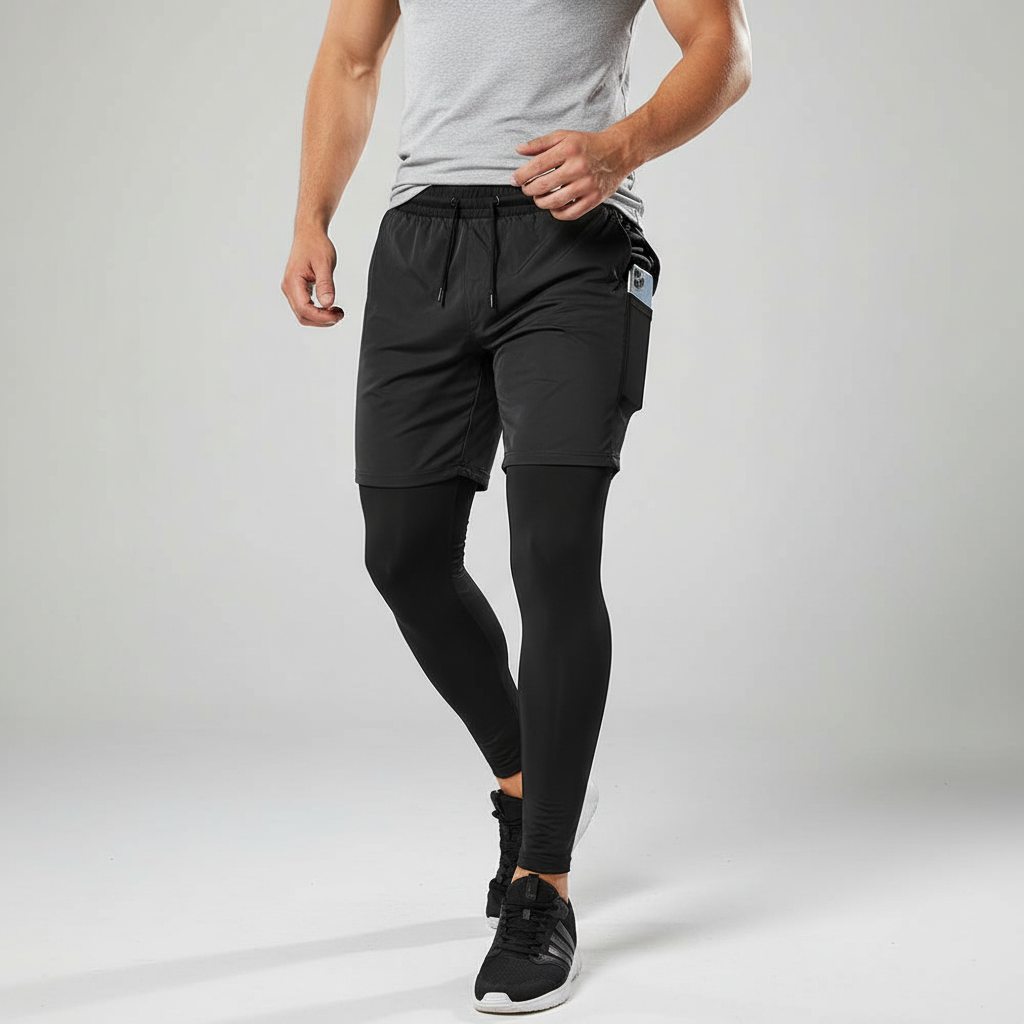Men's two-in-one training pants with compression leggings and outer shorts