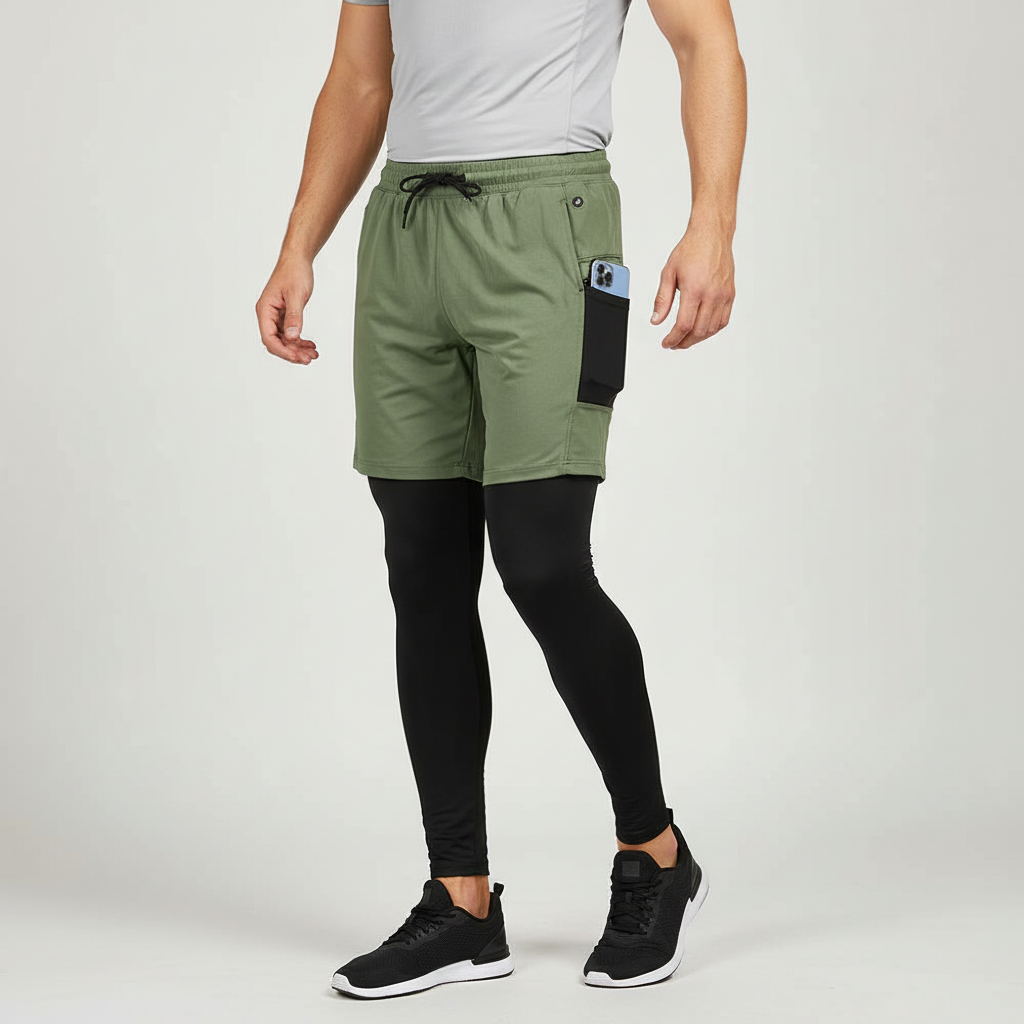 Men's two-in-one training pants with compression leggings and outer shorts