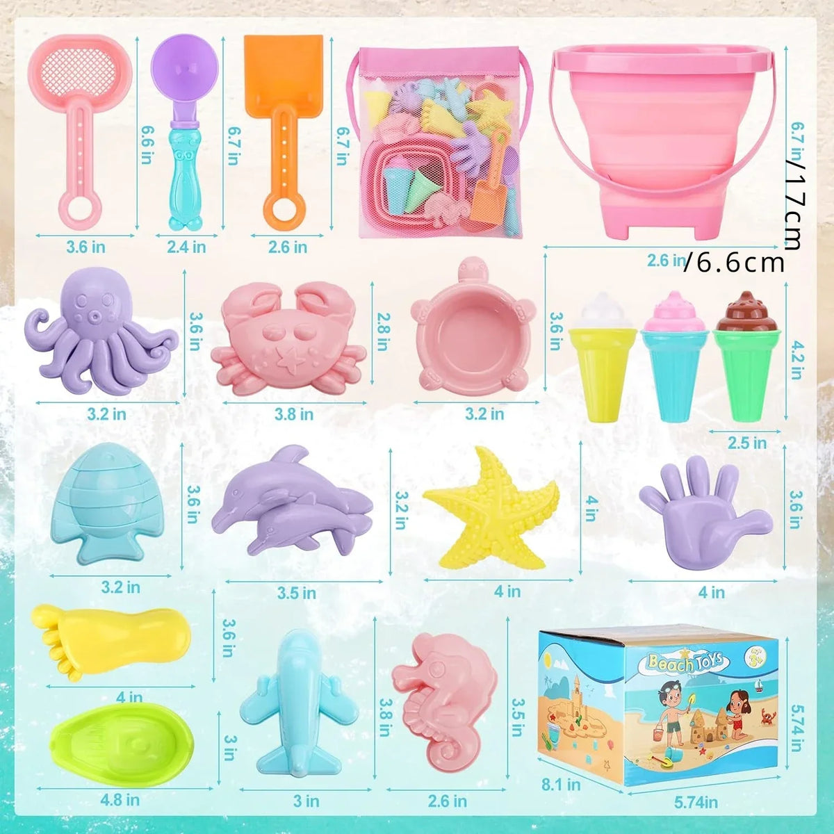 Kids beach toy set with collapsible bucket and sand moulds