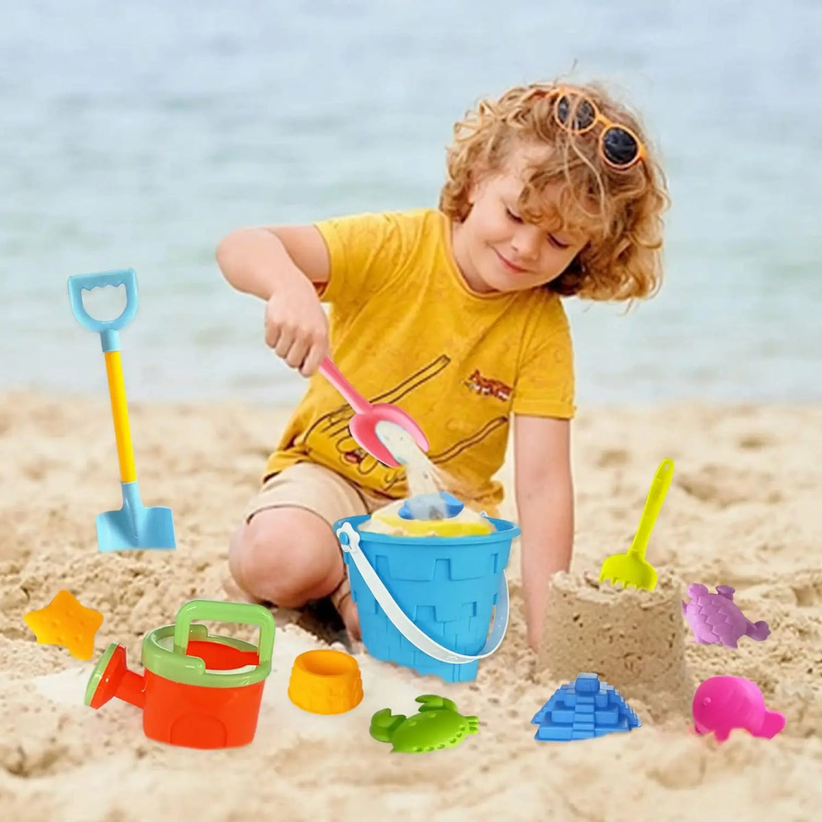 Kids beach play set with bucket, shovel and sand moulds