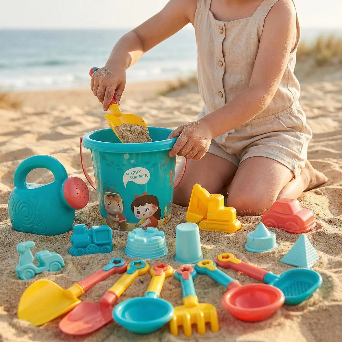 Beach toy set for kids with bucket, shovels and sand moulds