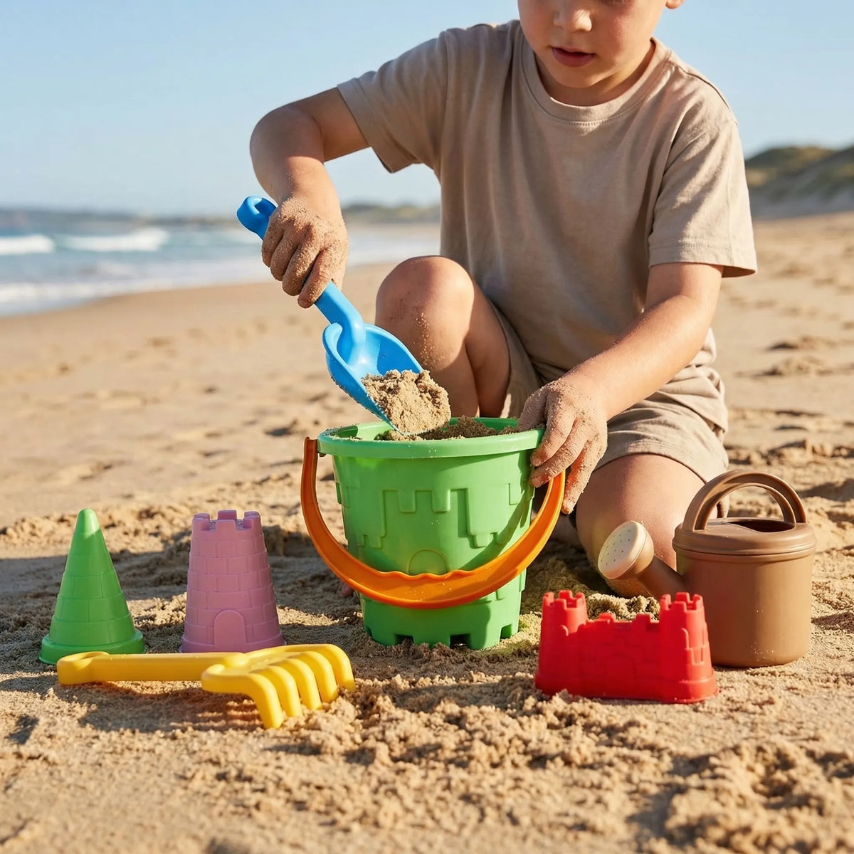 Kids sand bucket set with castle moulds, shovel and watering can for beach and sandbox play