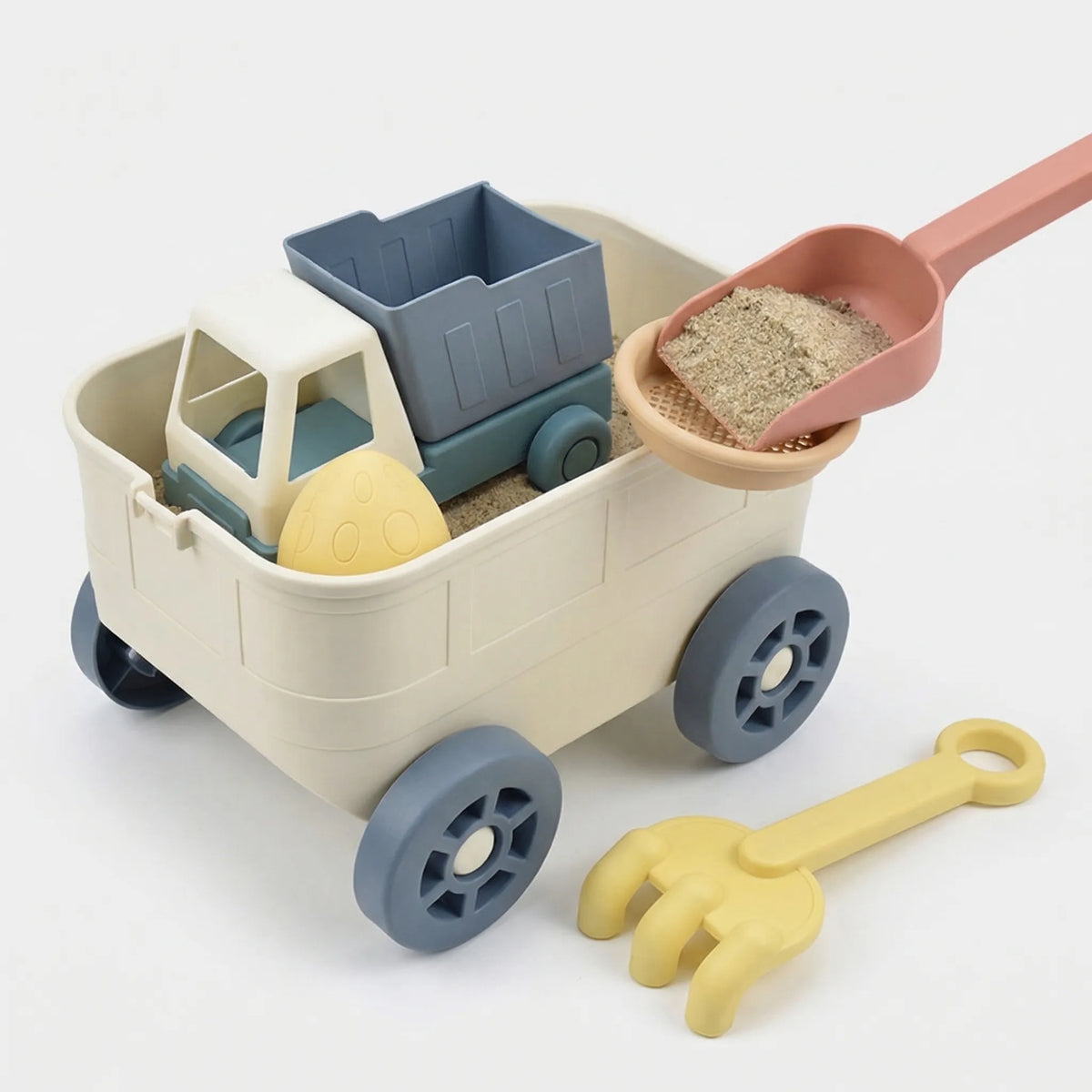 Kids beach toy wagon set with spade, rake and sand moulds for toddlers