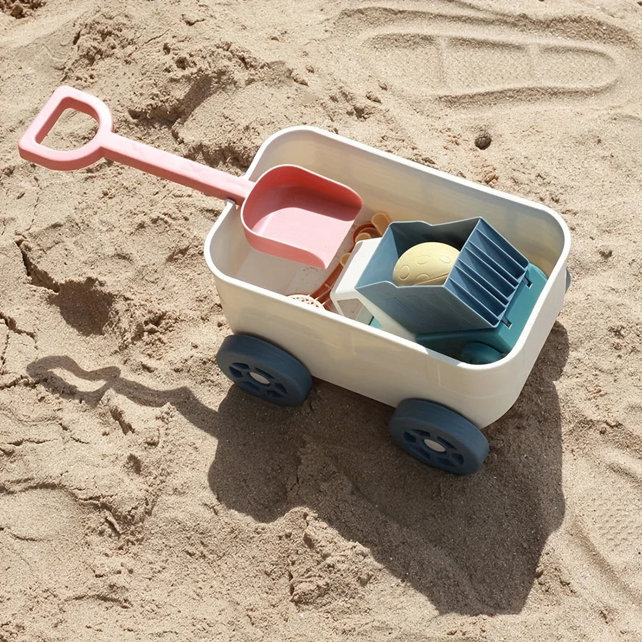 Kids beach toy wagon set with spade, rake and sand moulds for toddlers