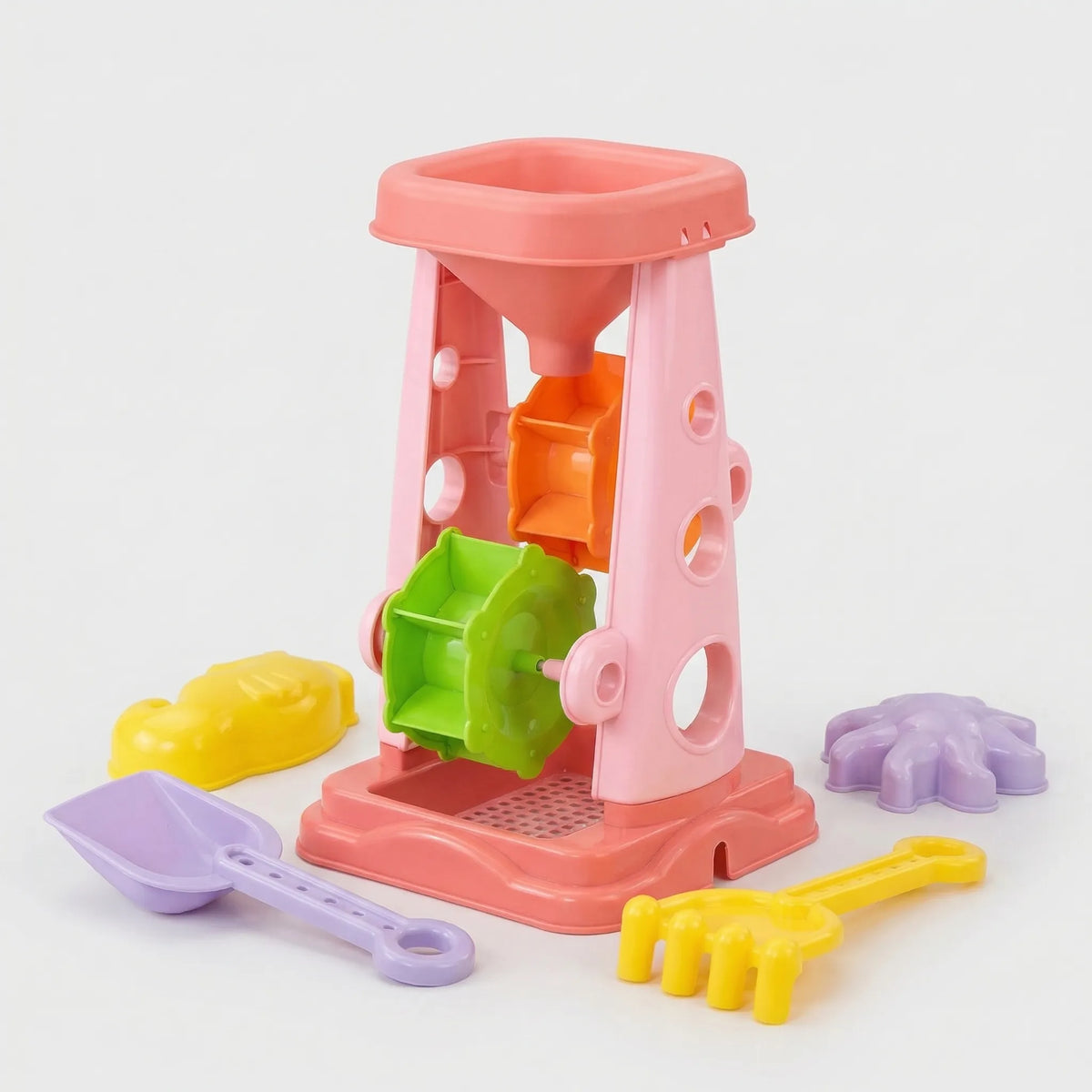 Kids beach sand play set with rotating wheel, shovel, rake and seahorse starfish moulds