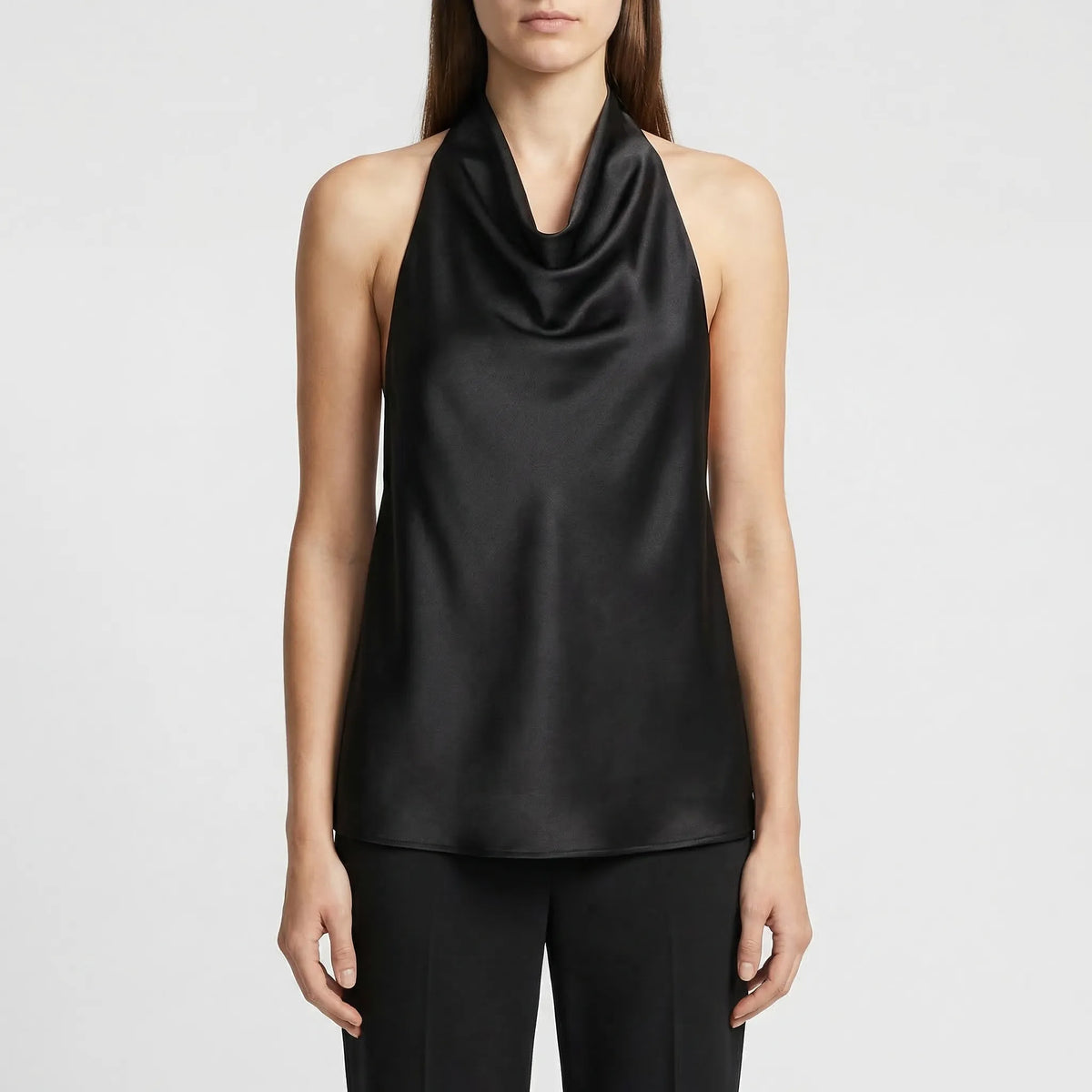 Backless halter neck corset top with structured silhouette and lustrous finish
