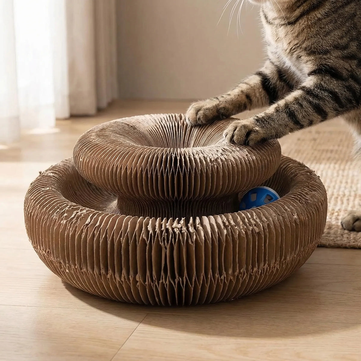 Foldable cat scratcher with bell ball track and multi-level design