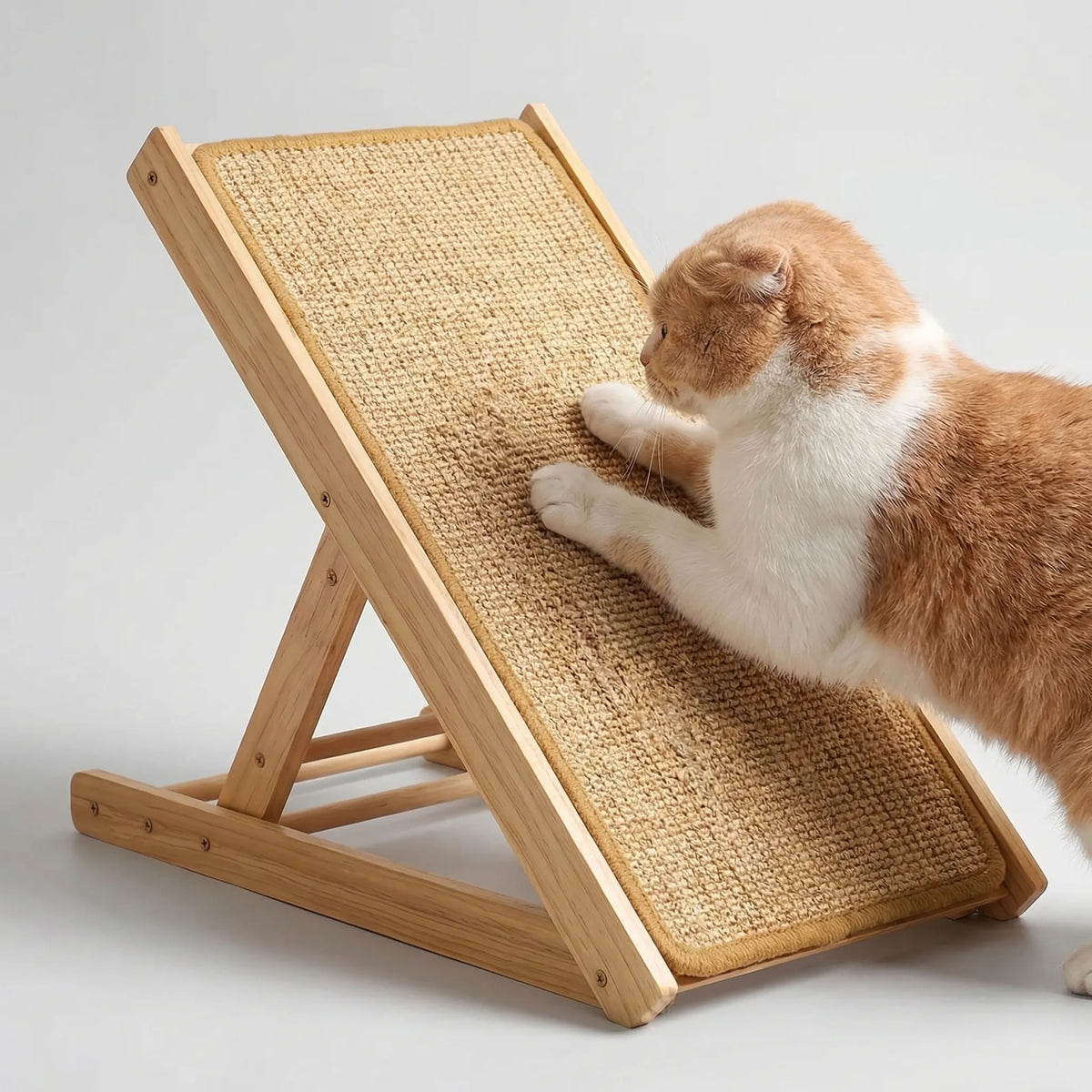 Cat scratching board with angled sisal surface and adjustable wooden frame