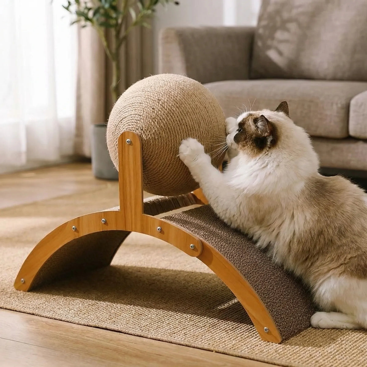 Cat scratching post with sisal ball and curved scratcher board