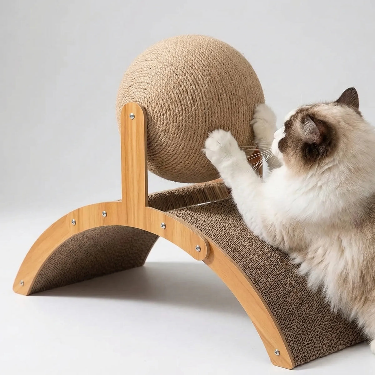 Cat scratching post with sisal ball and curved scratcher board