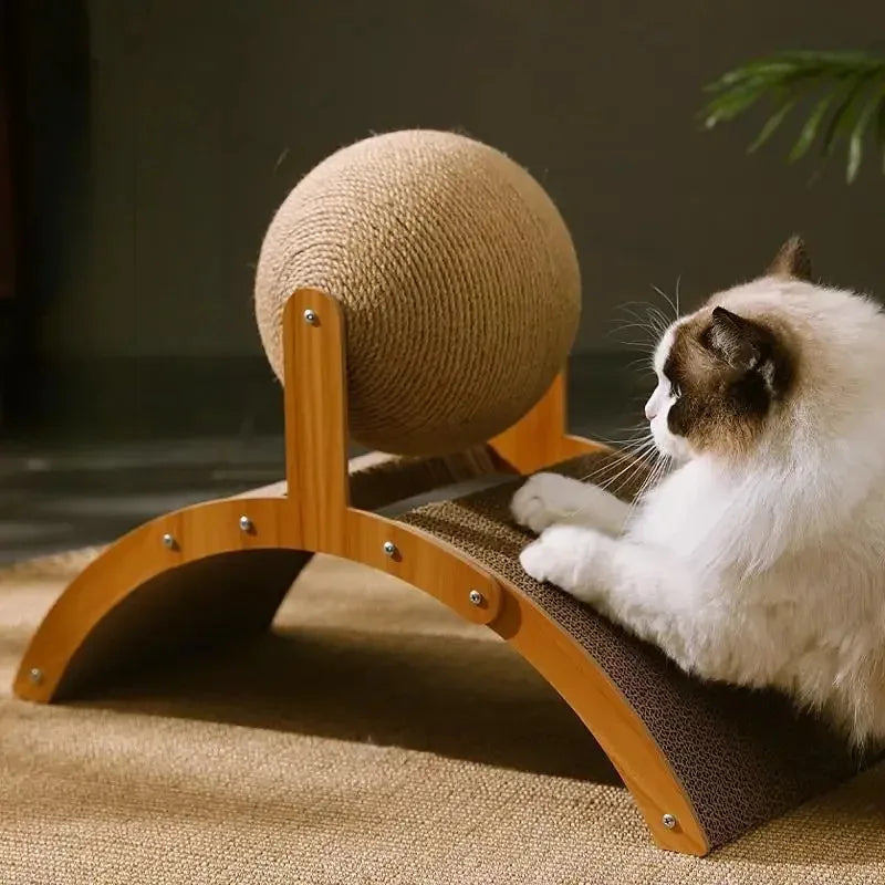 Cat scratching post with sisal ball and curved scratcher board