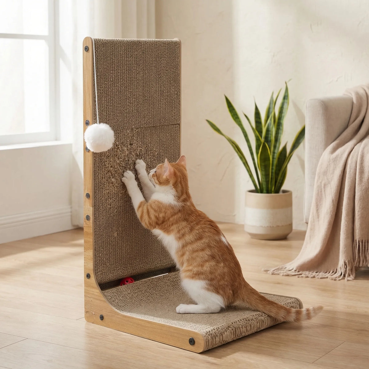 L-shaped cat scratcher with vertical panel and ramp base featuring hanging ball toy