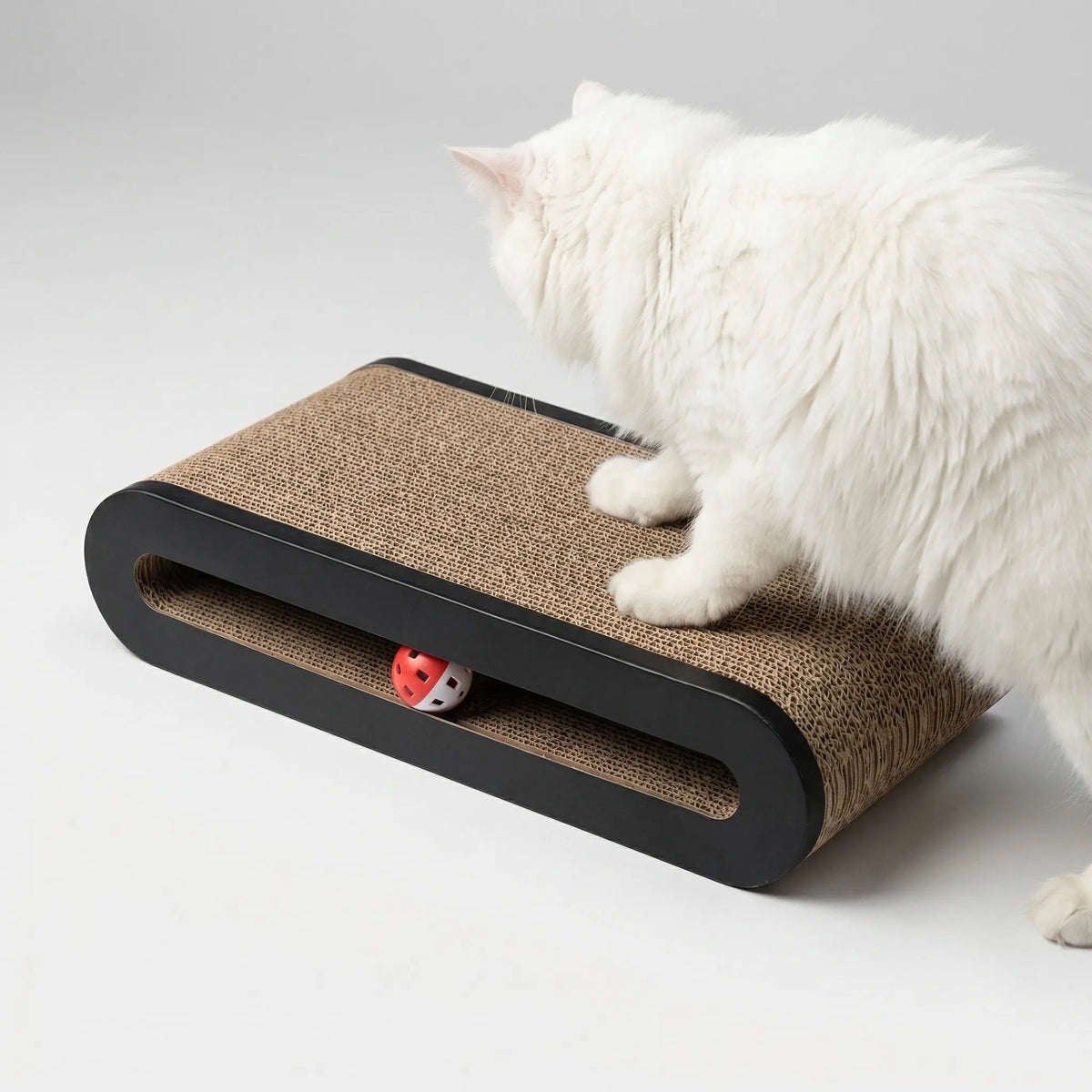 Triangular cat scratching board with upright frame and built-in rolling ball