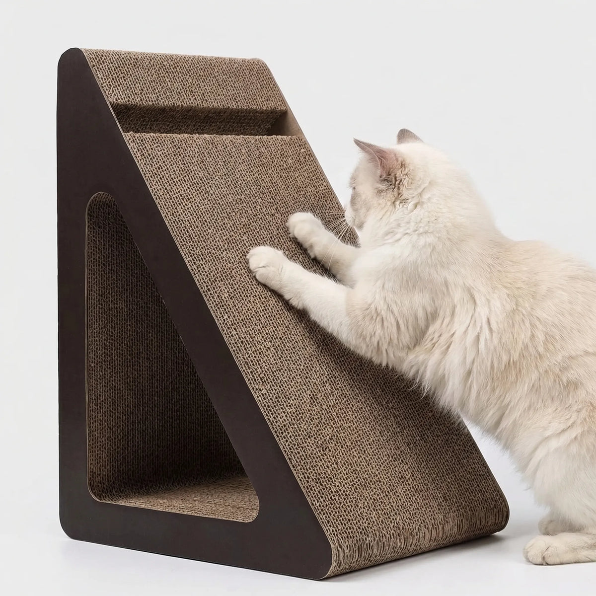 Triangular cat scratching board with upright frame and built-in rolling ball