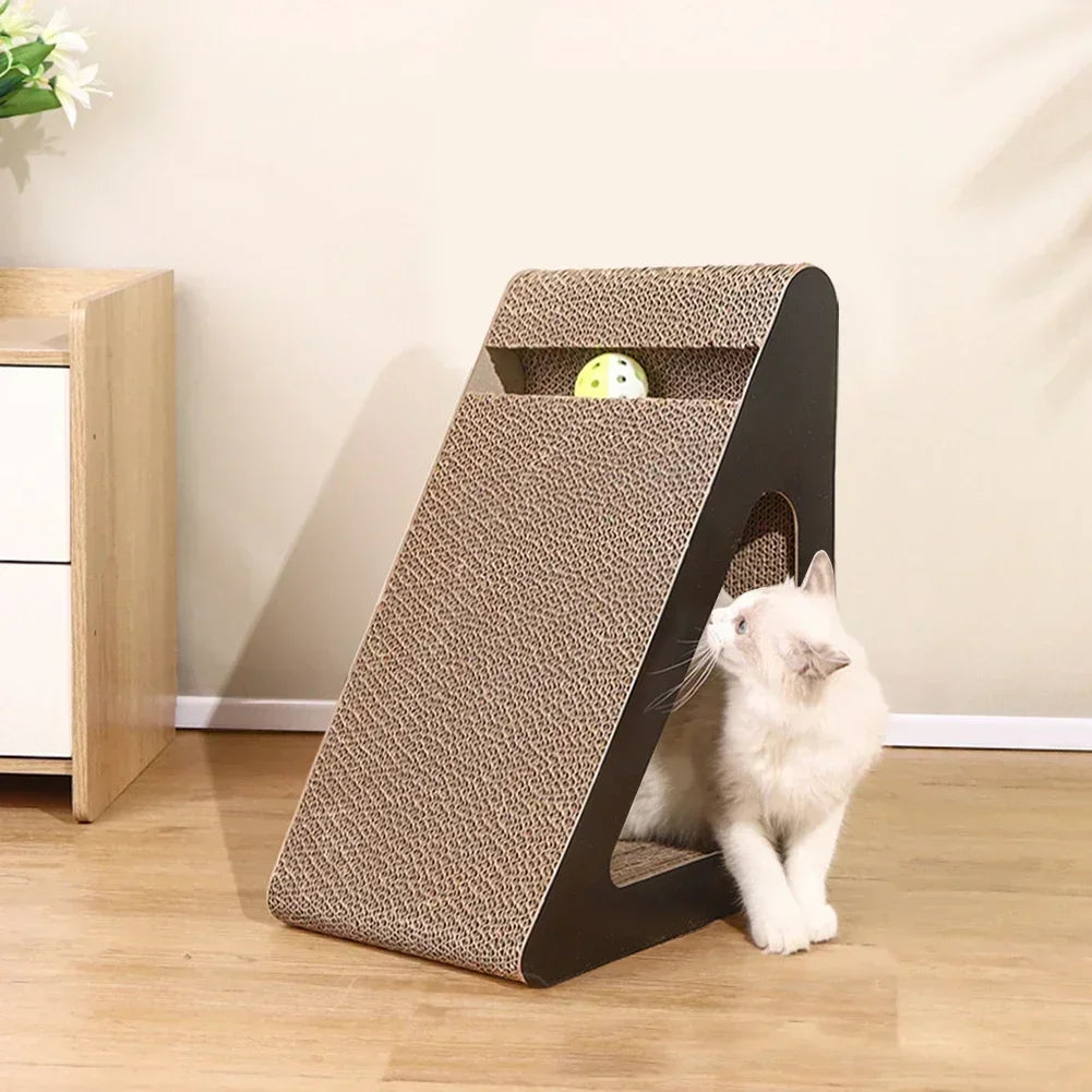 Triangular cat scratching board with upright frame and built-in rolling ball