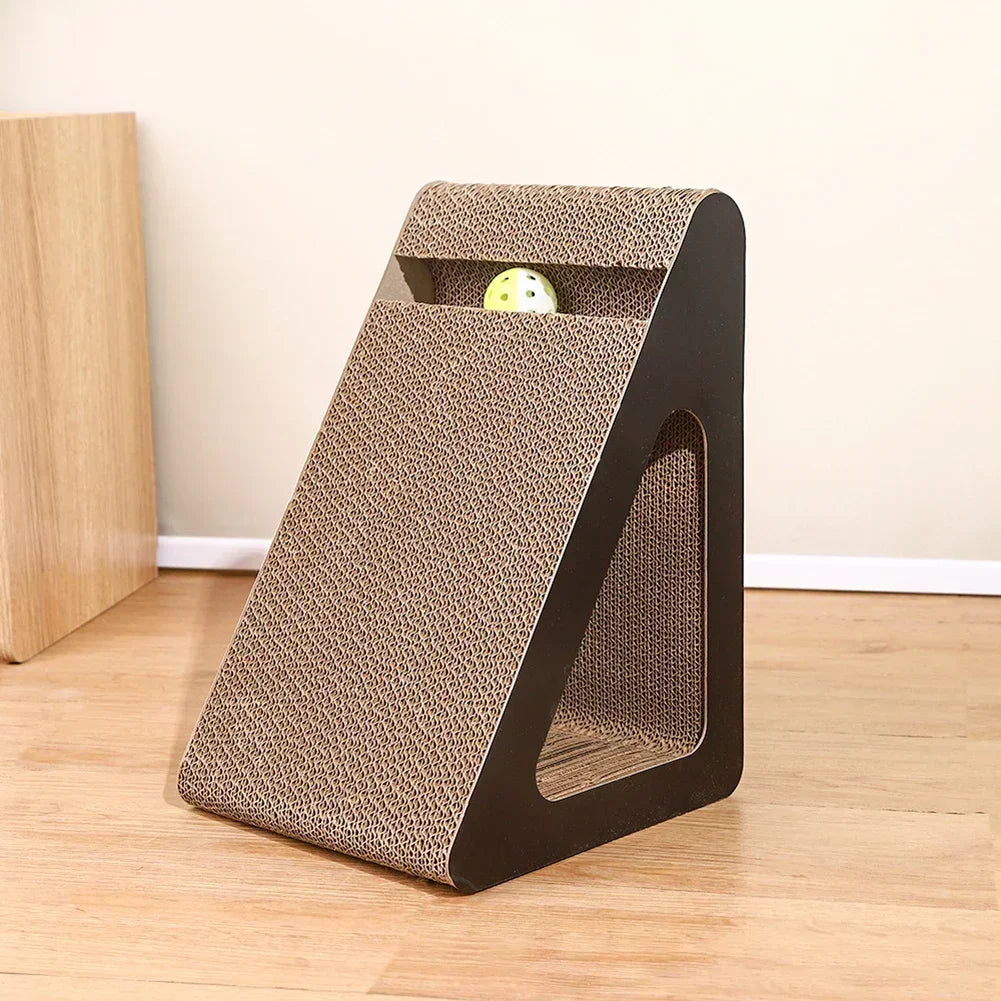 Triangular cat scratching board with upright frame and built-in rolling ball