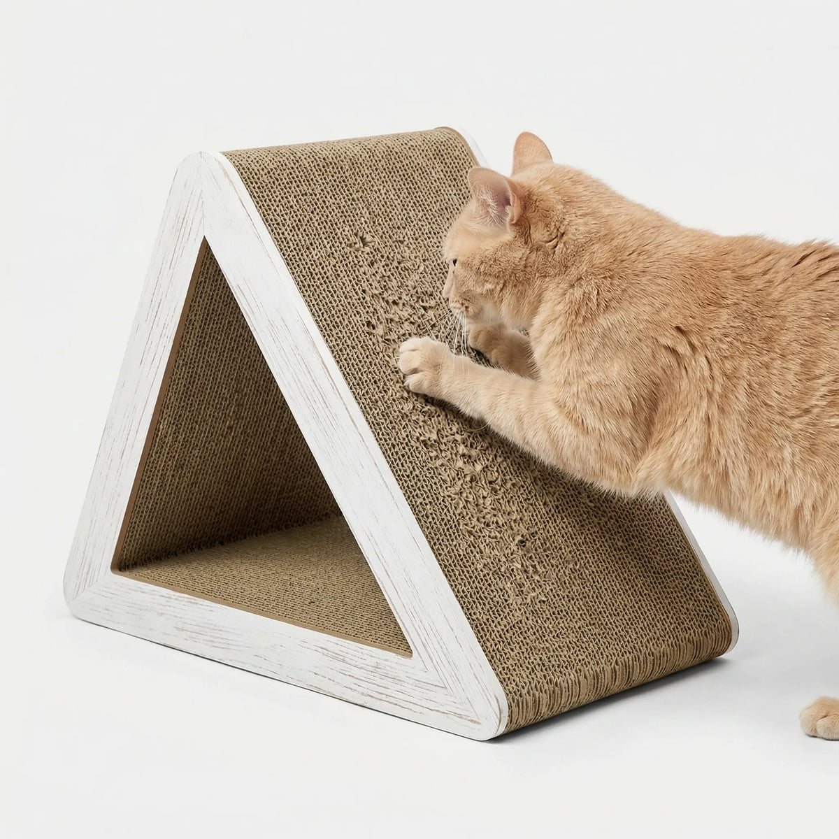 Triangular cat scratching post with corrugated surface and foldable design