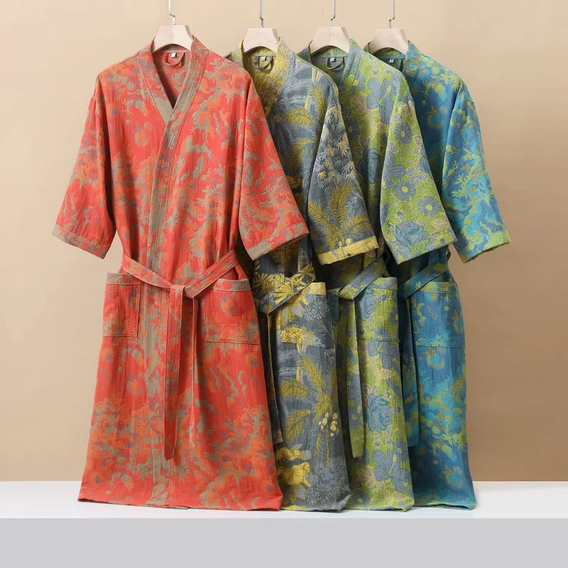 Half-sleeve breathable kimono robe with printed pattern