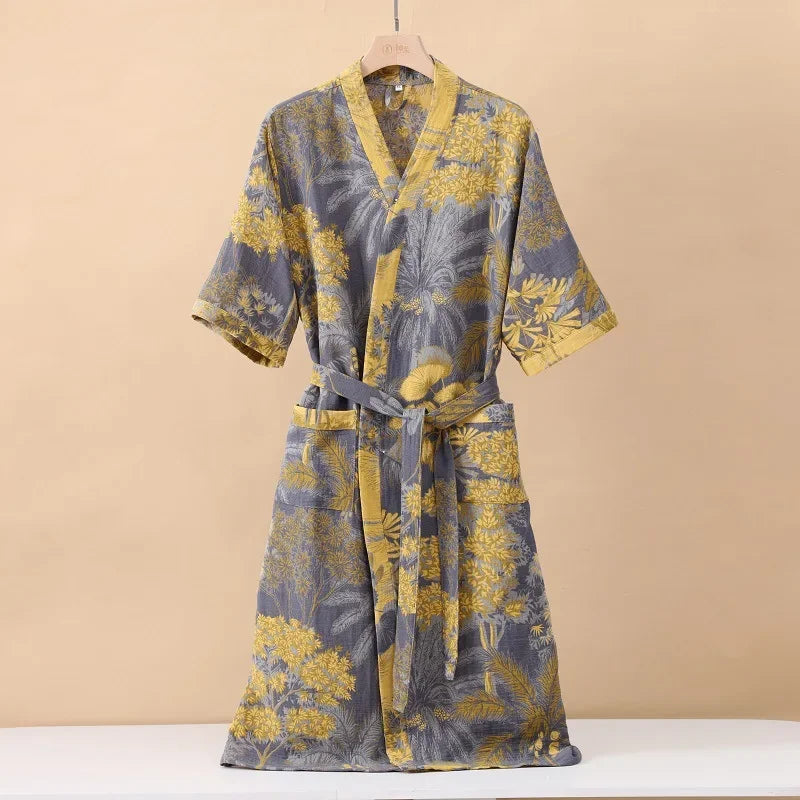 Half-sleeve breathable kimono robe with printed pattern