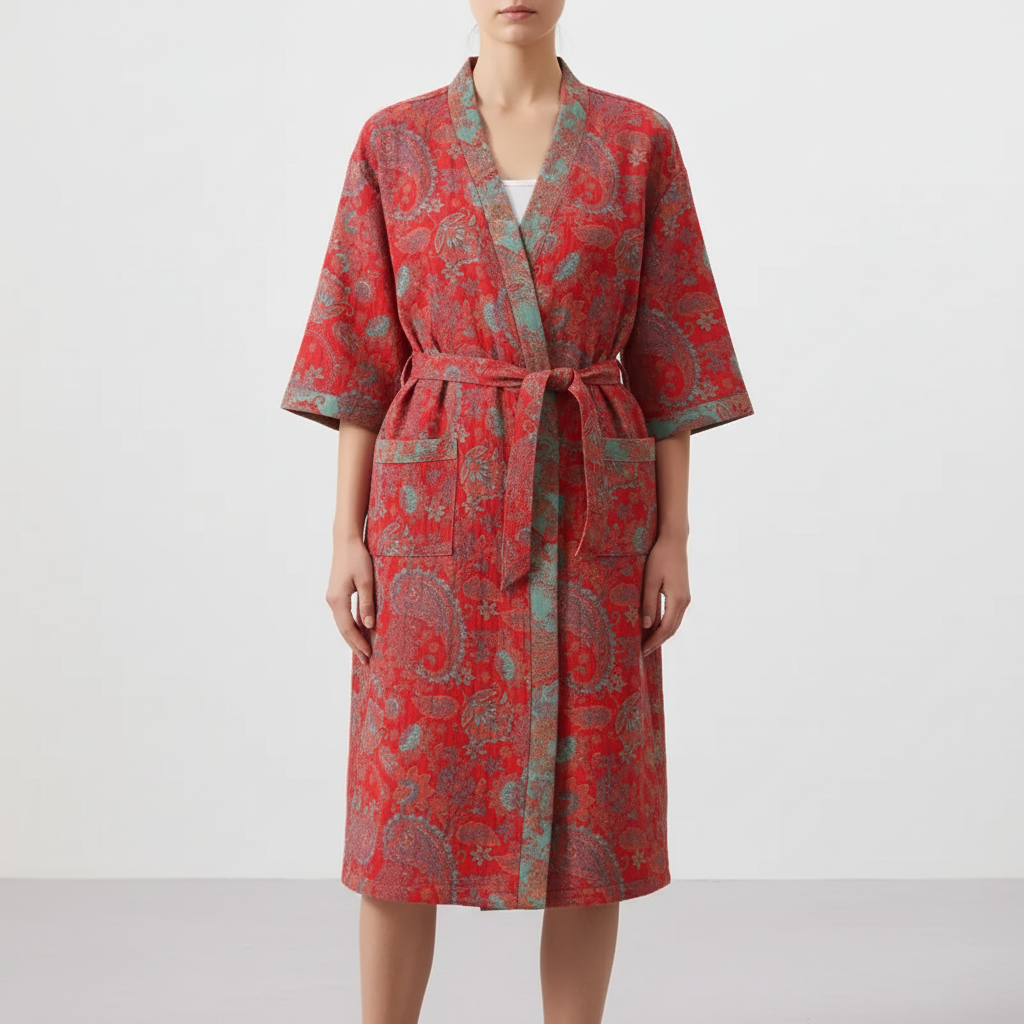 Half-sleeve breathable kimono robe with printed pattern