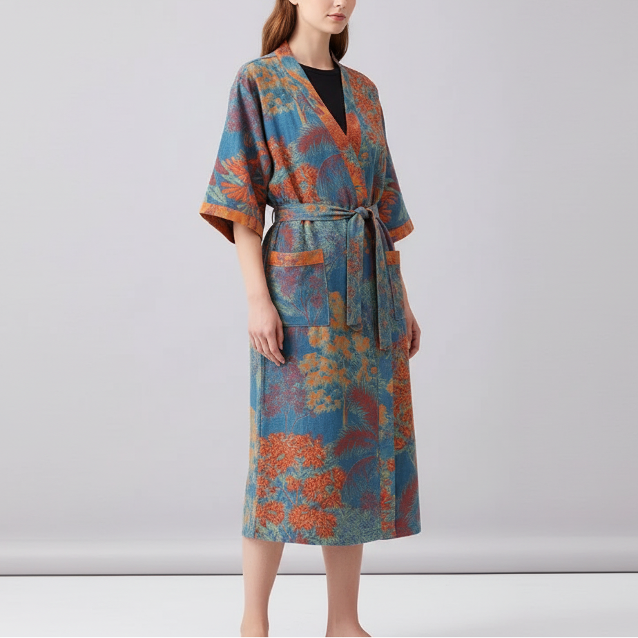 Half-sleeve breathable kimono robe with printed pattern