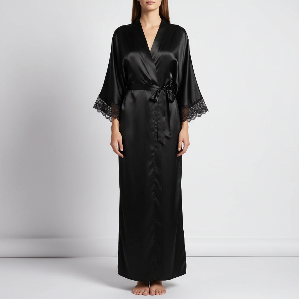Long satin kimono robe with delicate trimmed sleeves and waist tie