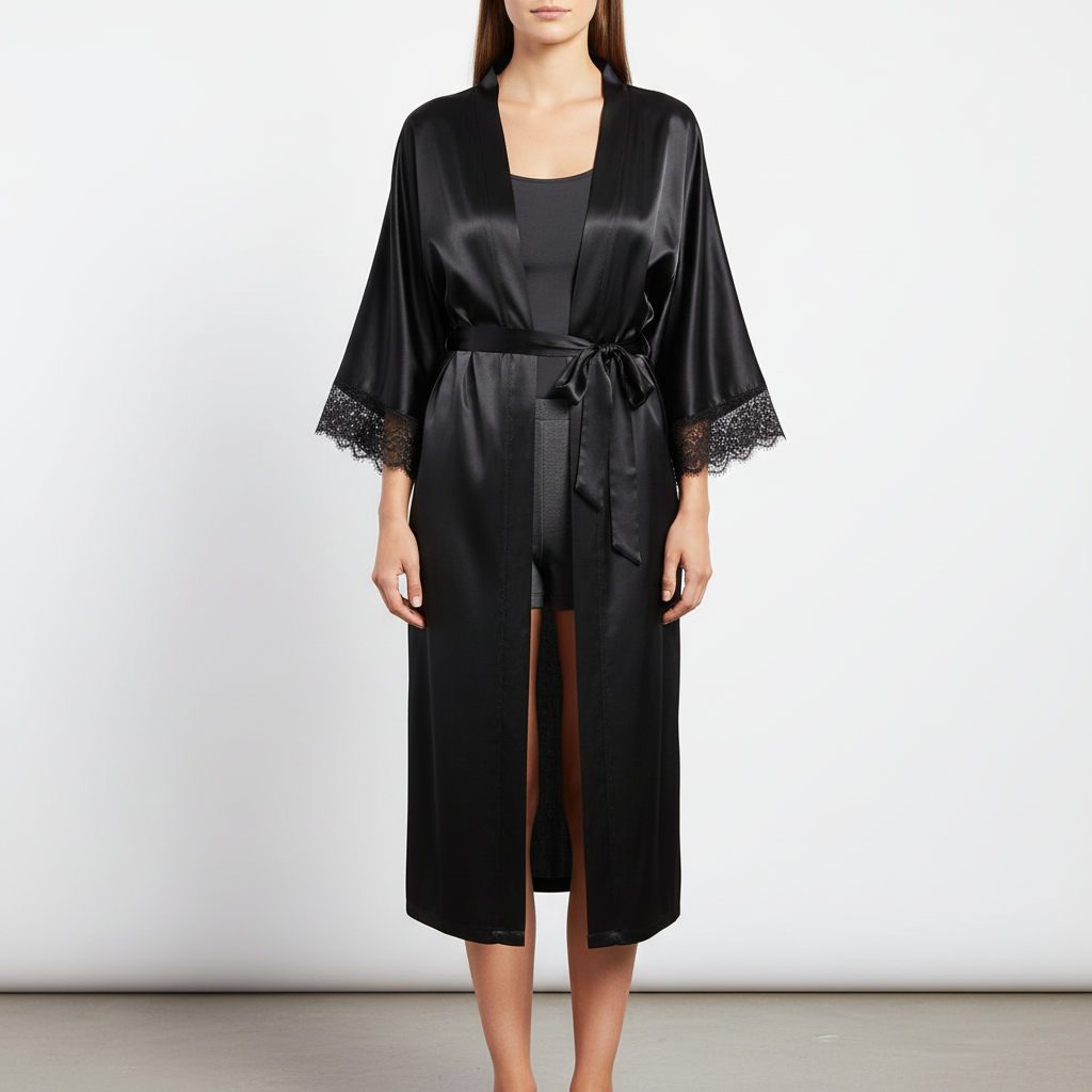 Long satin kimono robe with delicate trimmed sleeves and waist tie