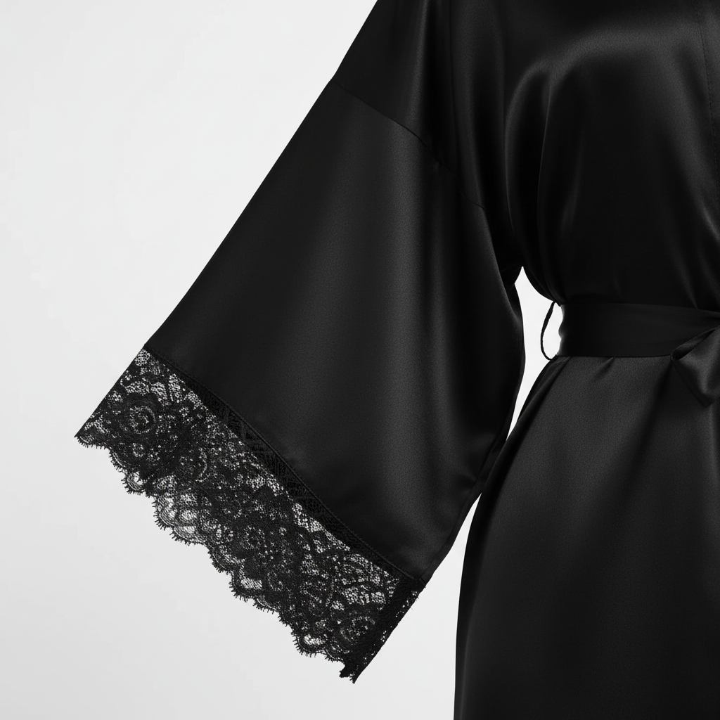 Long satin kimono robe with delicate trimmed sleeves and waist tie