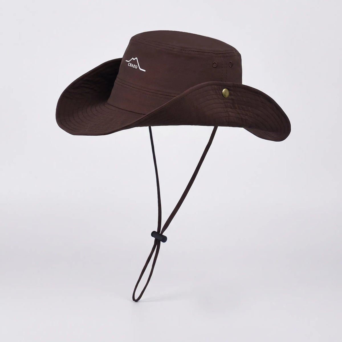Wide-brim outdoor hat with water-repellent finish and adjustable chin cord