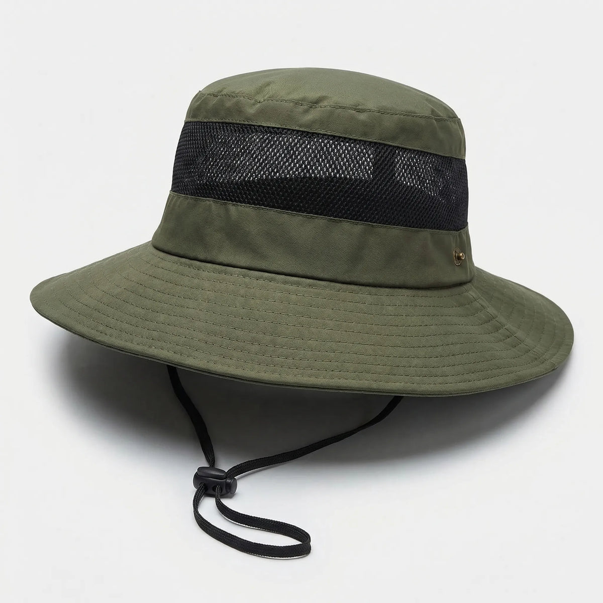 Wide-brim outdoor sun hat with mesh ventilation and adjustable chin cord