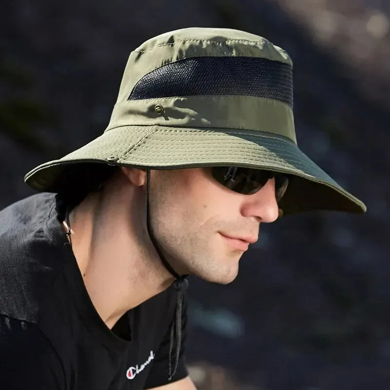 Wide-brim outdoor sun hat with mesh ventilation and adjustable chin cord