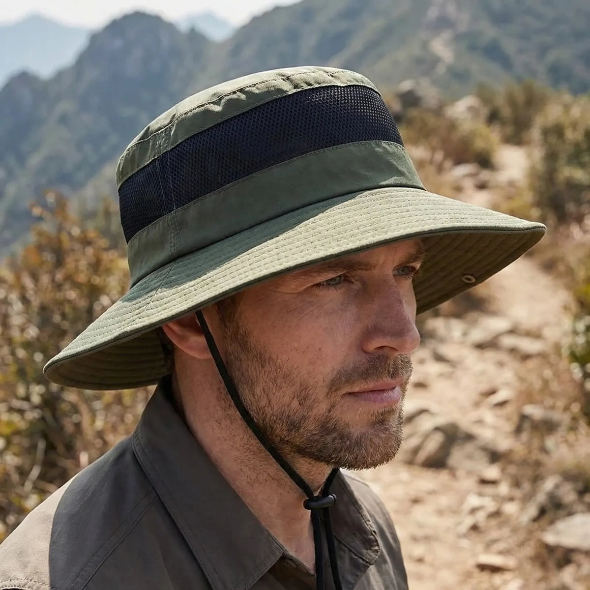 Wide-brim outdoor sun hat with mesh ventilation and adjustable chin cord