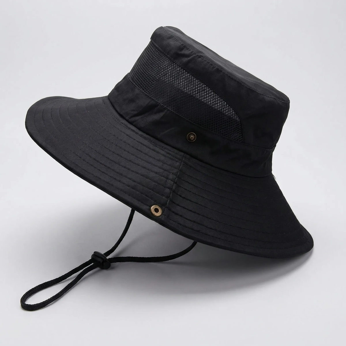 Wide-brim outdoor sun hat with mesh ventilation and adjustable chin cord