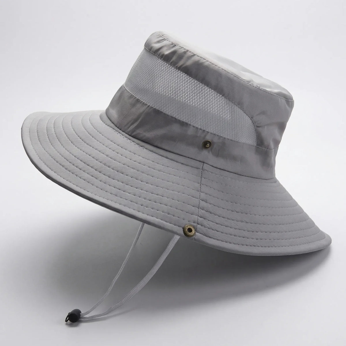 Wide-brim outdoor sun hat with mesh ventilation and adjustable chin cord
