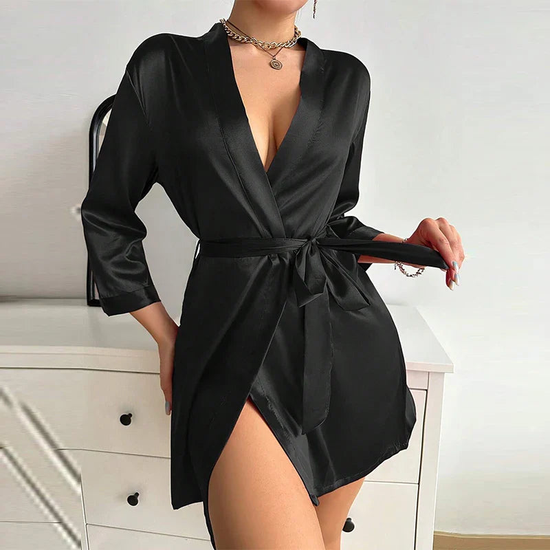 Short kimono robe lightweight satin wrap above-knee length