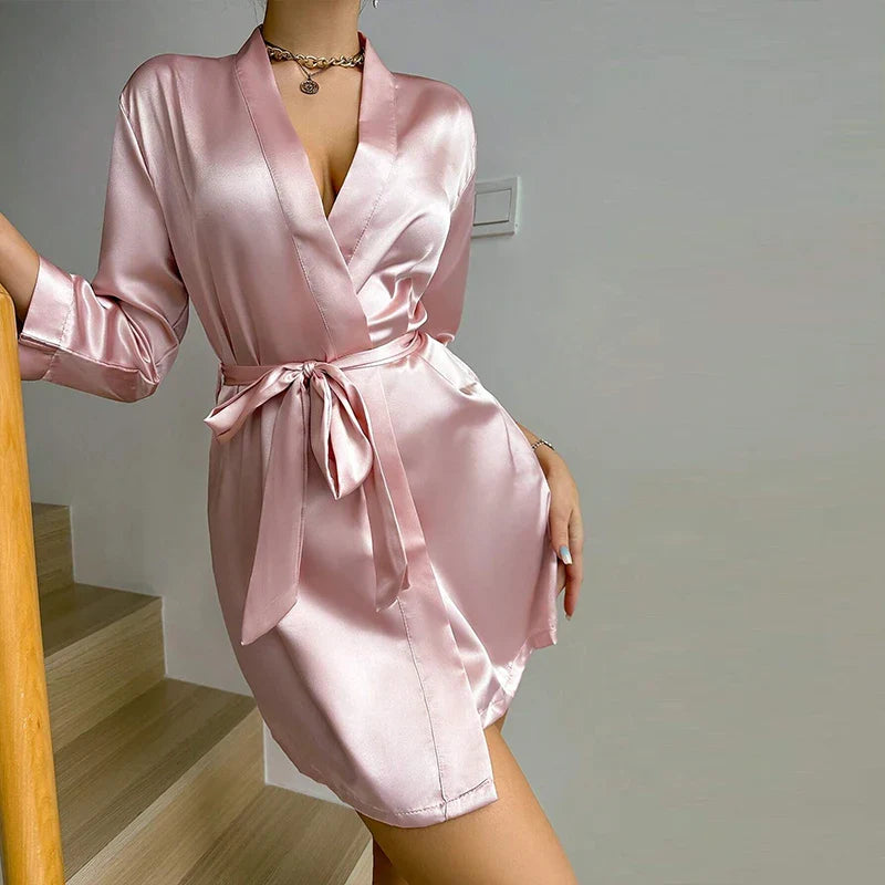 Short kimono robe lightweight satin wrap above-knee length