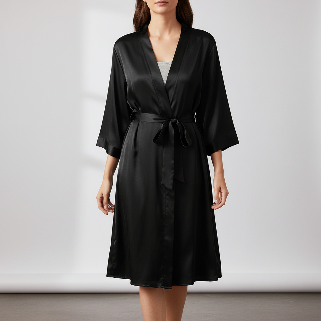 Lightweight knee-length kimono dressing gown with adjustable tie belt
