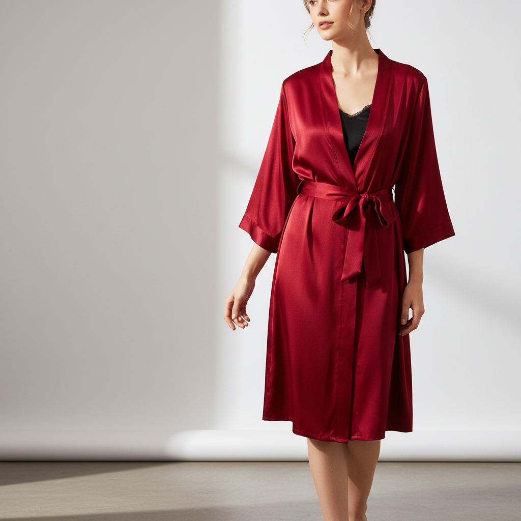 Lightweight knee-length kimono dressing gown with adjustable tie belt
