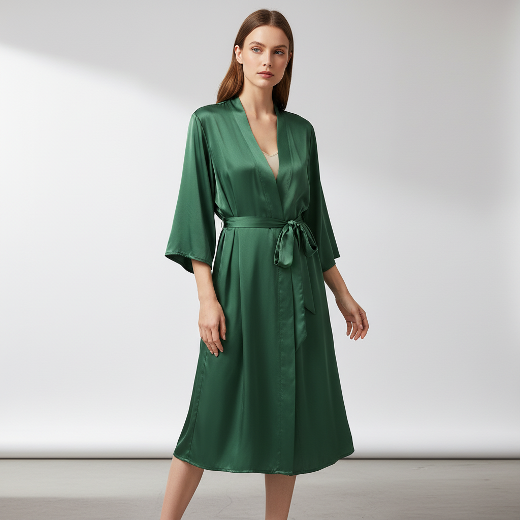 Lightweight knee-length kimono dressing gown with adjustable tie belt