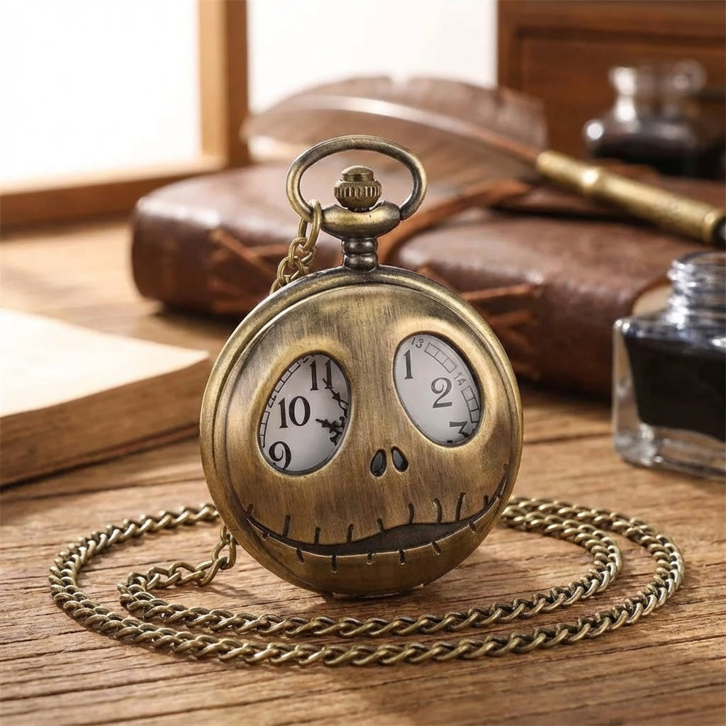 Vintage skull pendant watch with eye-shaped dial windows and flip-top case