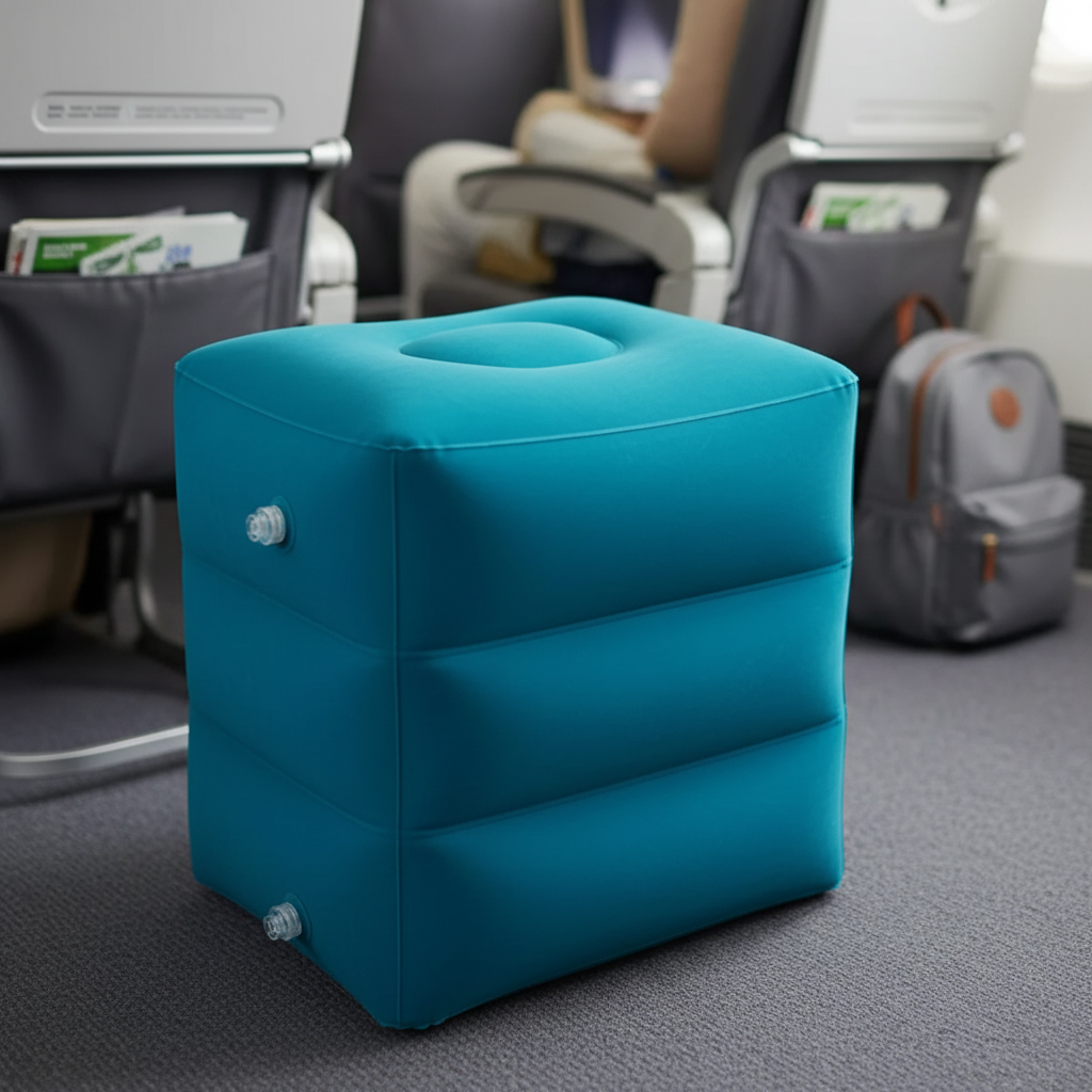 Kids inflatable travel footrest pillow with soft flocked surface