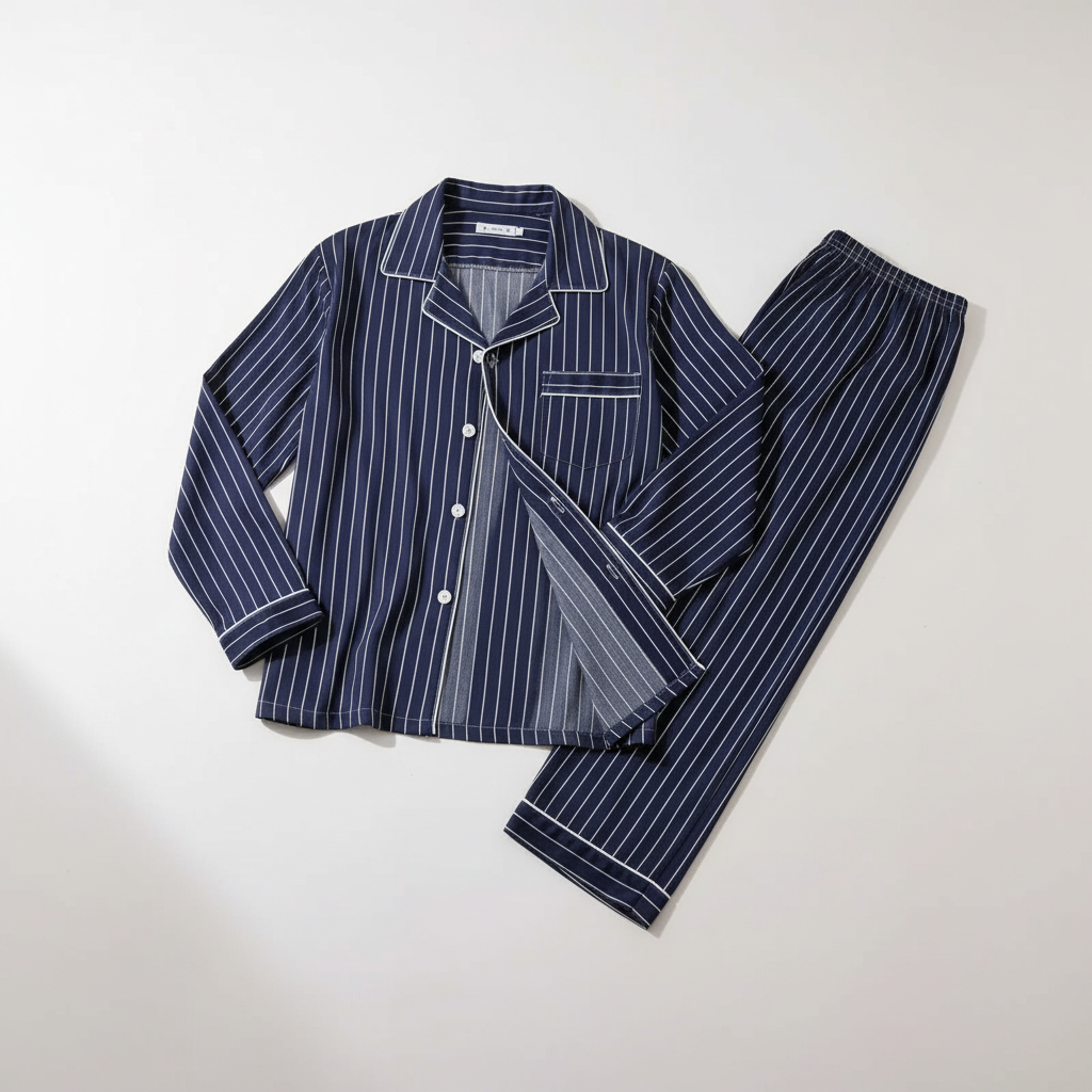 Men's two-piece pyjama set with tailored shirt and wide-leg pants