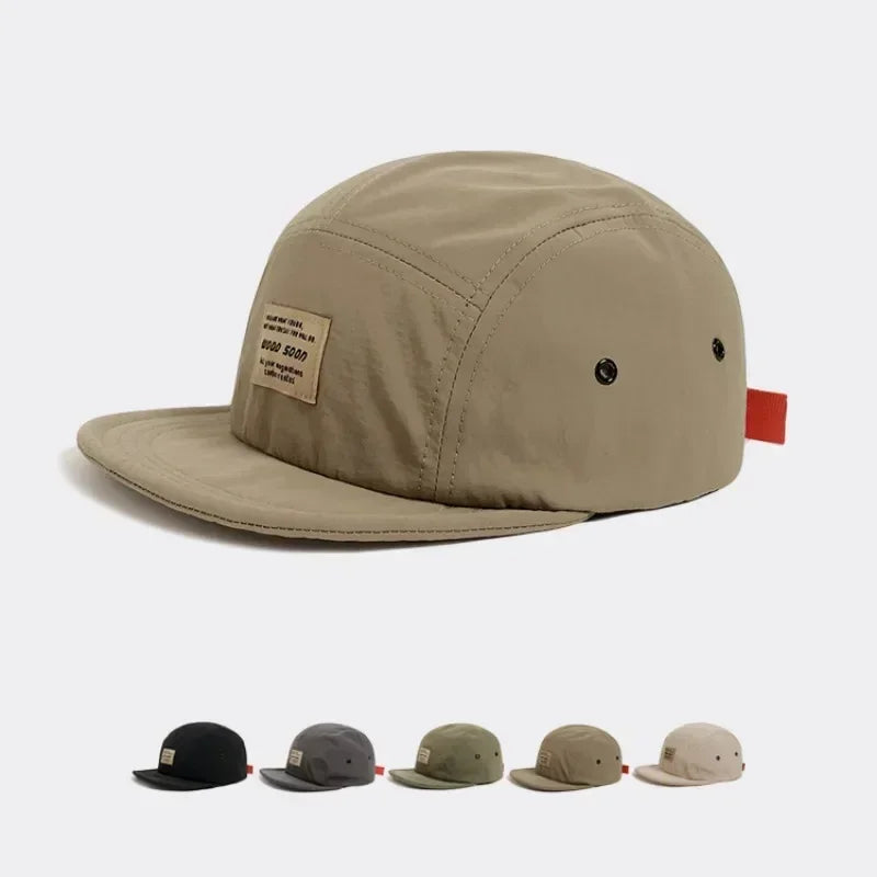 Five-panel short flat brim cap with foldable design and adjustable strap