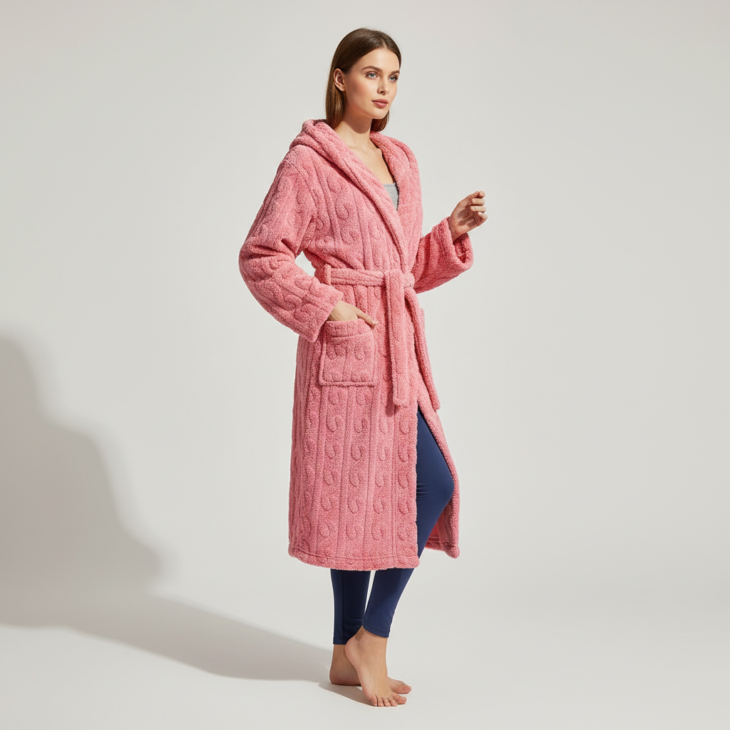 Long hooded lounge robe with warm flannel thick insulating layer