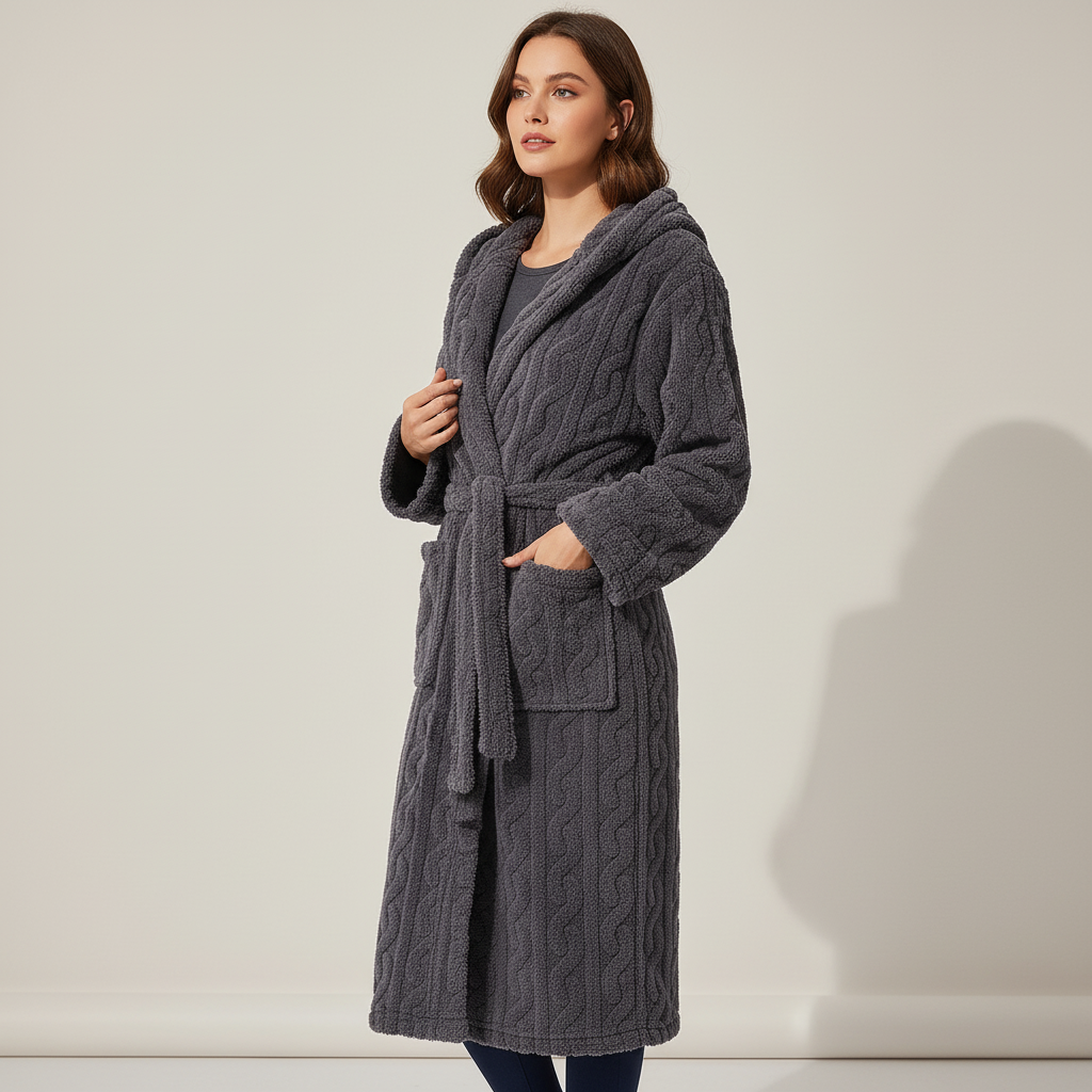 Long hooded lounge robe with warm flannel thick insulating layer
