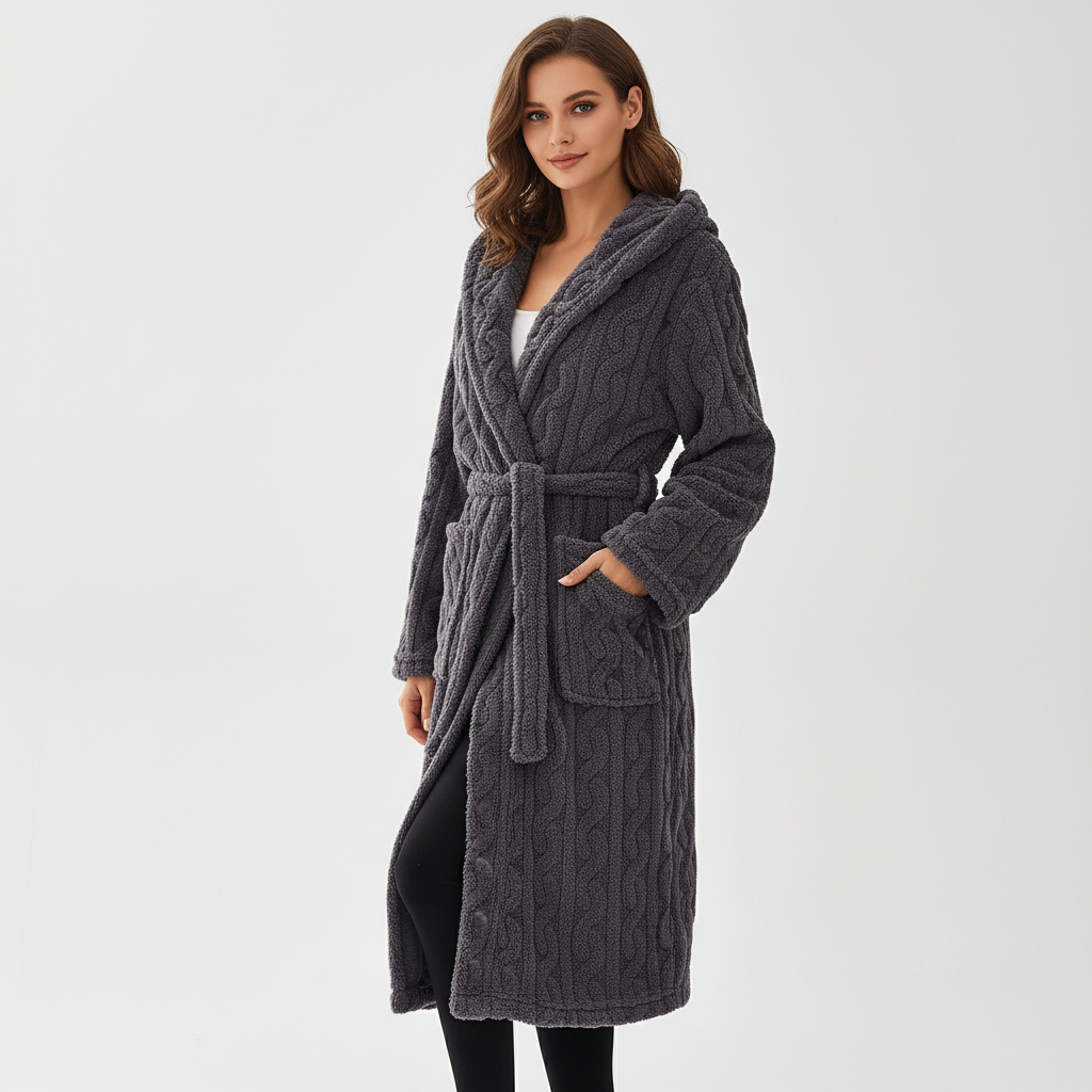 Long hooded lounge robe with warm flannel thick insulating layer