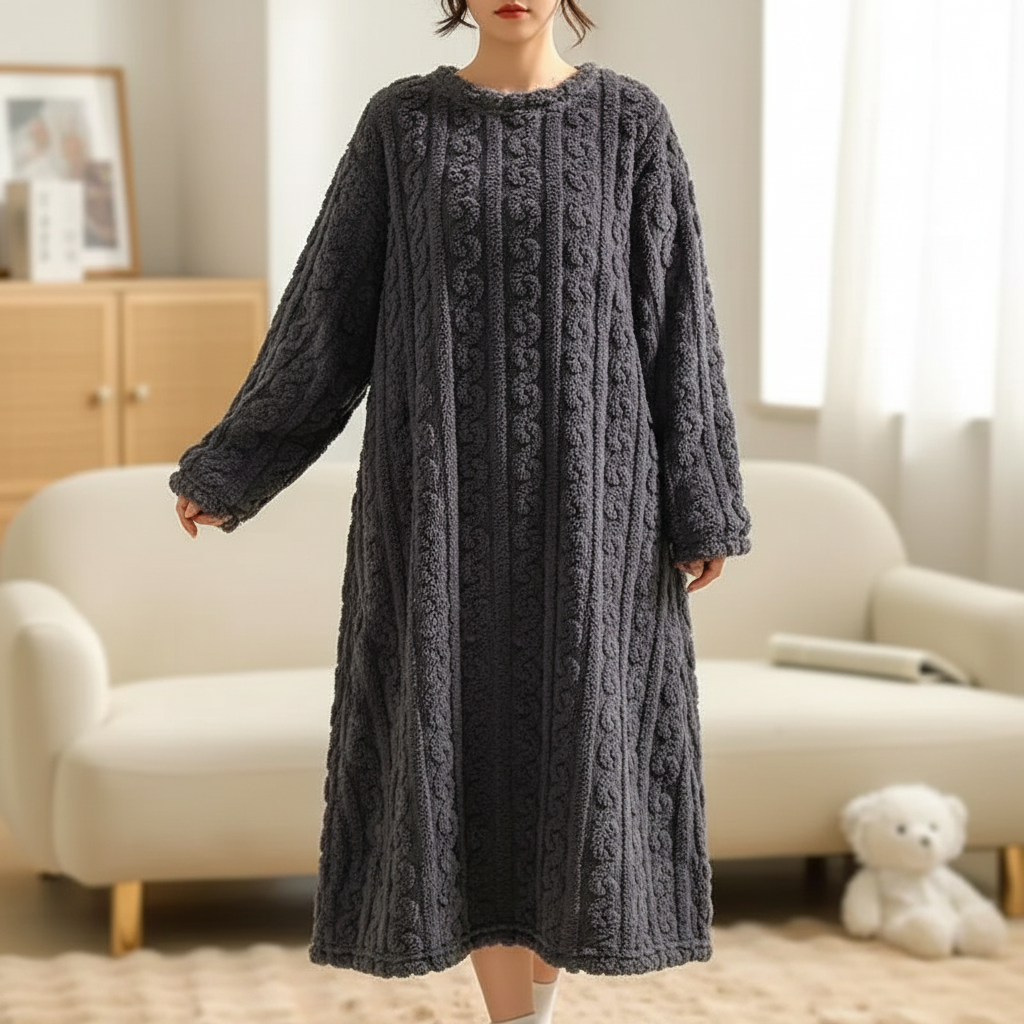 Long sleeve ankle nightgown with thick plush knit construction
