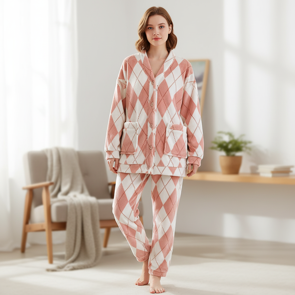 Thick long sleeve pyjama set with plaid pattern, relaxed V-neck fit and front pockets