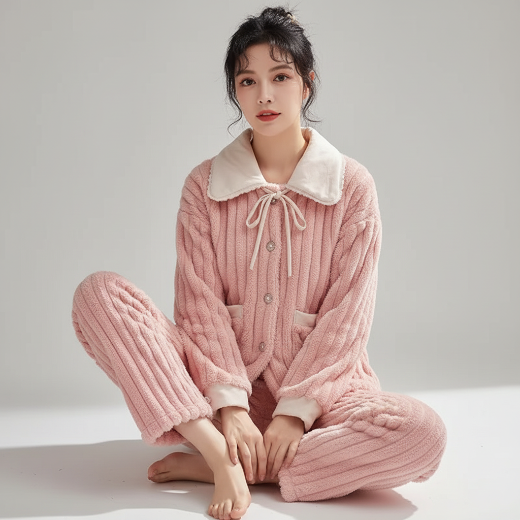 Thick plush thermal pyjama set with ankle-length pants and button front