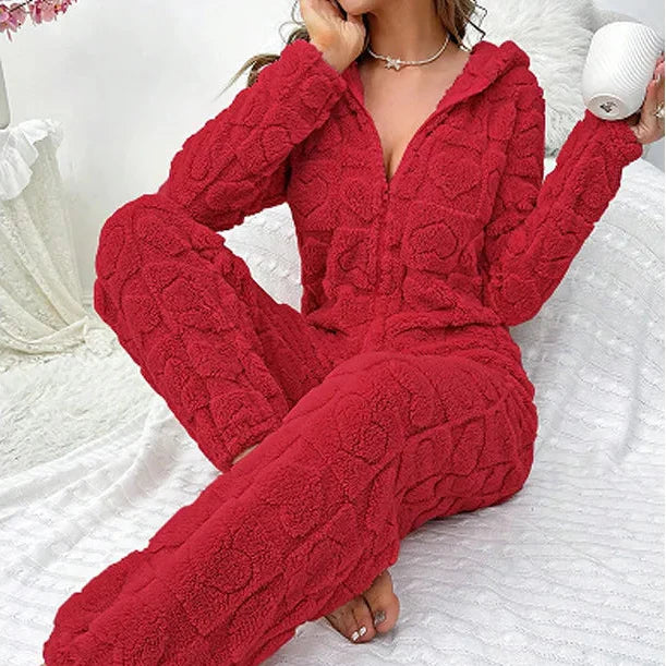 Hooded full body onesie with thick insulation and soft textured finish
